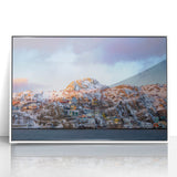 Acrylic print of a Newfoundland, Canada scenery in muted blue and gray tones, framed in white.