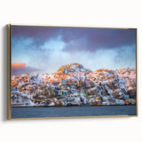 Framed canvas featuring a vintage-style landscape painting of Newfoundland, in muted earth tones.