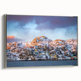Framed canvas featuring a vintage-style landscape art painting of Newfoundland, with muted earth tones and silver frame.