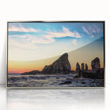 Mid-century modernist art depicting Nova Scotia scenery in muted blue and green tones, framed in silver acrylic.