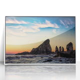 Acrylic print of Nova Scotia scenery framed in white, featuring muted blue and green tones, ideal for modern art wall decor.