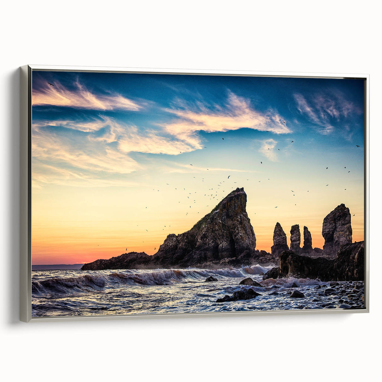 Framed canvas depicting a vintage-style Nova Scotia landscape with colorful art on a black background.