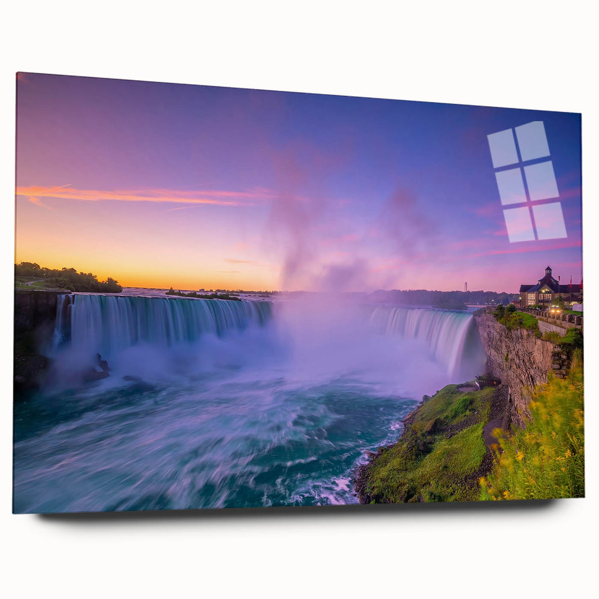 Large abstract wall art depicting a serene Ontario landscape in muted blue and green tones on acrylic glass.