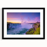 Abstract art print of Ontario scenery in vibrant colors on a large framed canvas, ideal for living room decor.