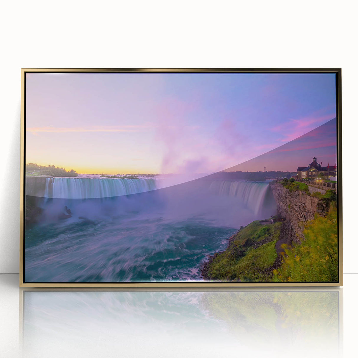 Large art print of Ontario, Canada scenery in mid-century modernist style, acrylic framed in gold.