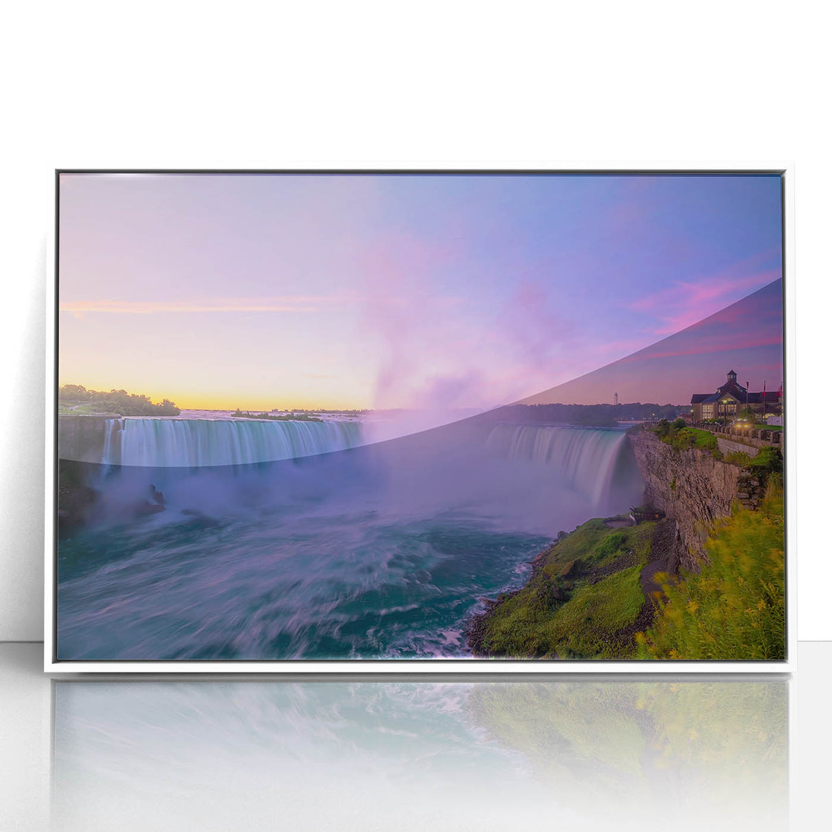 Acrylic print of Ontario scenery with muted green and blue tones in an art deco style.