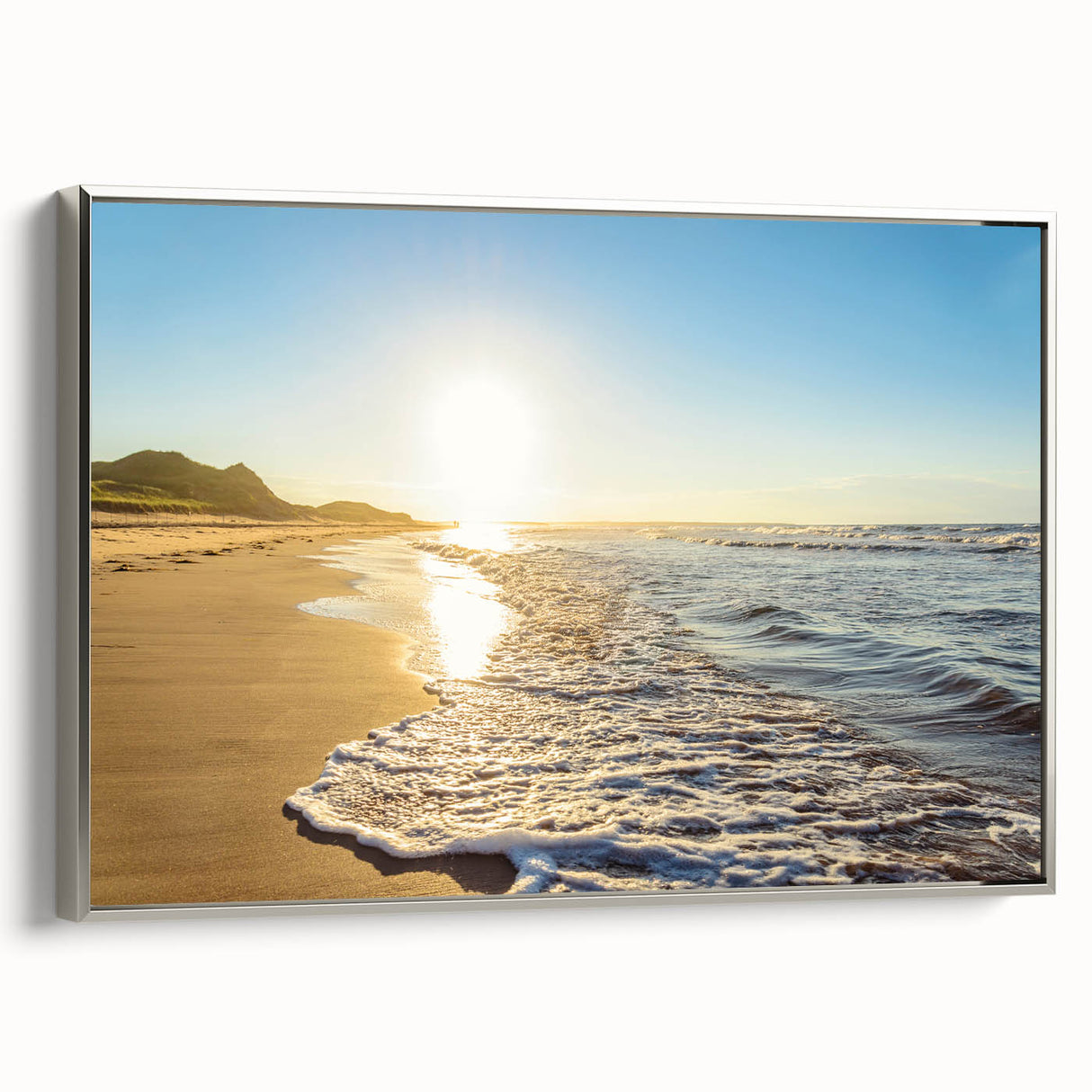 Framed canvas of a vintage-style Prince Edward Island landscape with muted green and blue tones, ideal for living room decor.