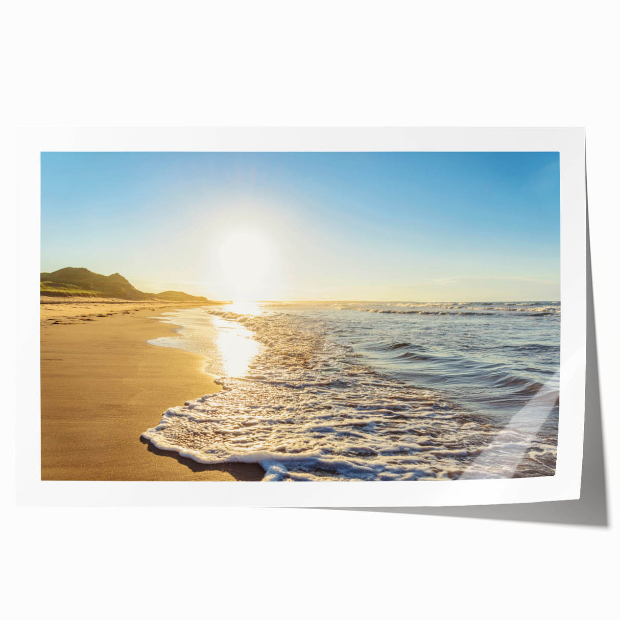 Rolled print of Prince Edward Island scenery with vibrant green fields under a blue sky, ideal for dining room wall art.