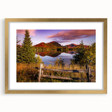Extra large abstract art print of Quebec scenery in textured colors on a gold-framed canvas, ideal for living room decor.