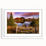 Abstract art print of Quebec scenery in muted earth tones on a white-framed mat, suitable for dining room decor.