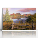 Acrylic print of a serene Quebec landscape in pastel colors, framed in white, suitable for modern nursery decor.