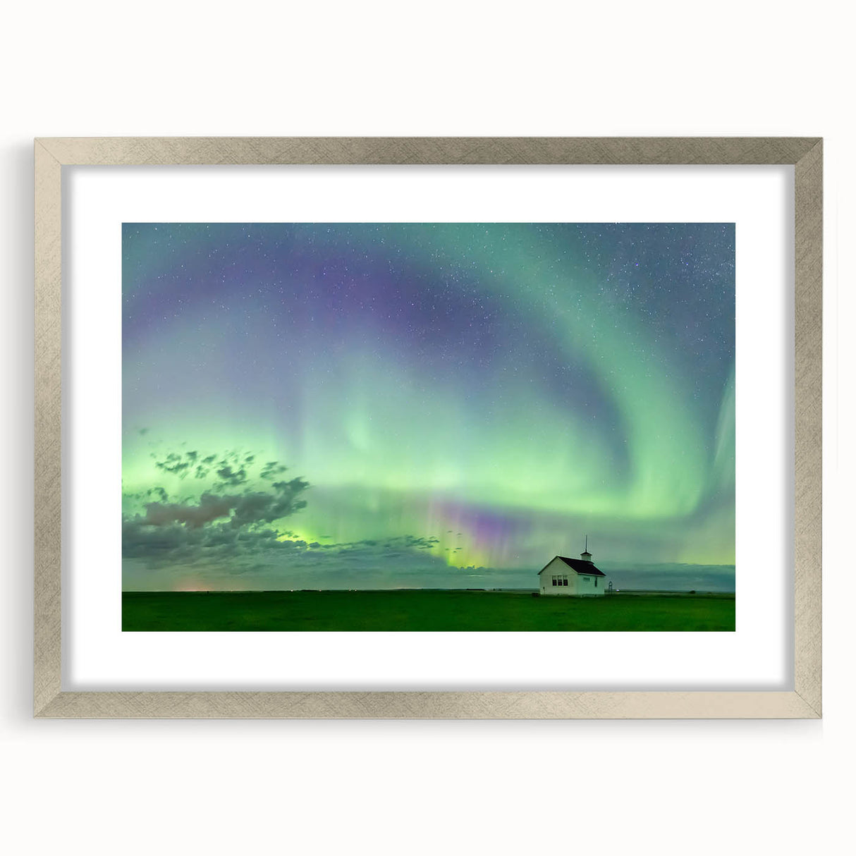 Textured abstract art print of Saskatchewan scenery in muted earth tones, framed with a silver mat.
