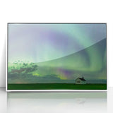 Acrylic print of a serene Saskatchewan landscape in muted green and blue tones, framed in white.