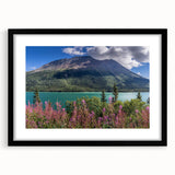 Extra large abstract art print of colorful, textured scenery depicting the Yukon, in a black frame with mat.
