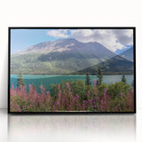 Large abstract wall art depicting a Yukon scenery in muted green and blue tones on a framed acrylic.