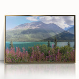 Mid-century modernist style large art print of Yukon scenery in gold frame, acrylic, ideal for modern art wall decor.