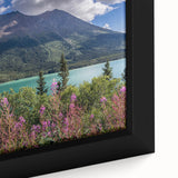 Close-up of extra large framed canvas featuring a textured depiction of Yukon scenery in black with colorful art accents.