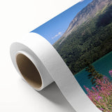 Art deco poster of Yukon scenery with muted earth tones on rolled canvas, ideal for nursery wall art.