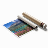 Extra large rolled print featuring a serene Yukon landscape with lush greenery and mountains.
