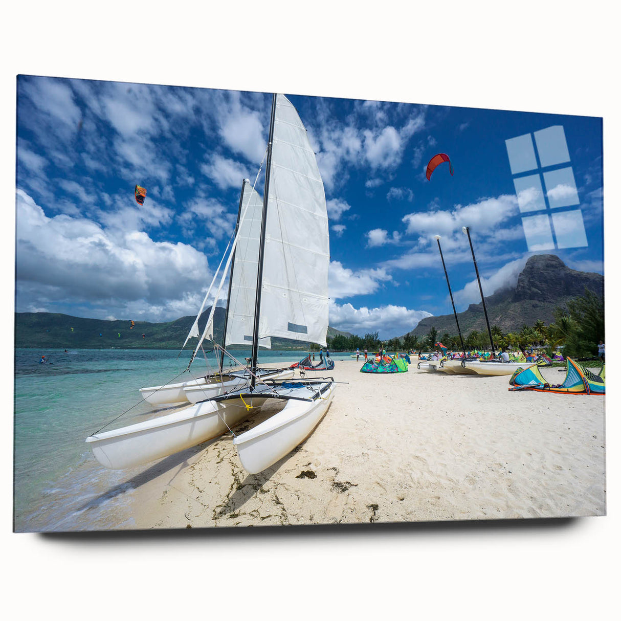Large abstract wall art of a Caribbean scenery in vibrant blue and green hues, acrylic print.