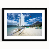 Extra large abstract art print of a Caribbean scenery in vibrant colors on a textured canvas, framed in black.