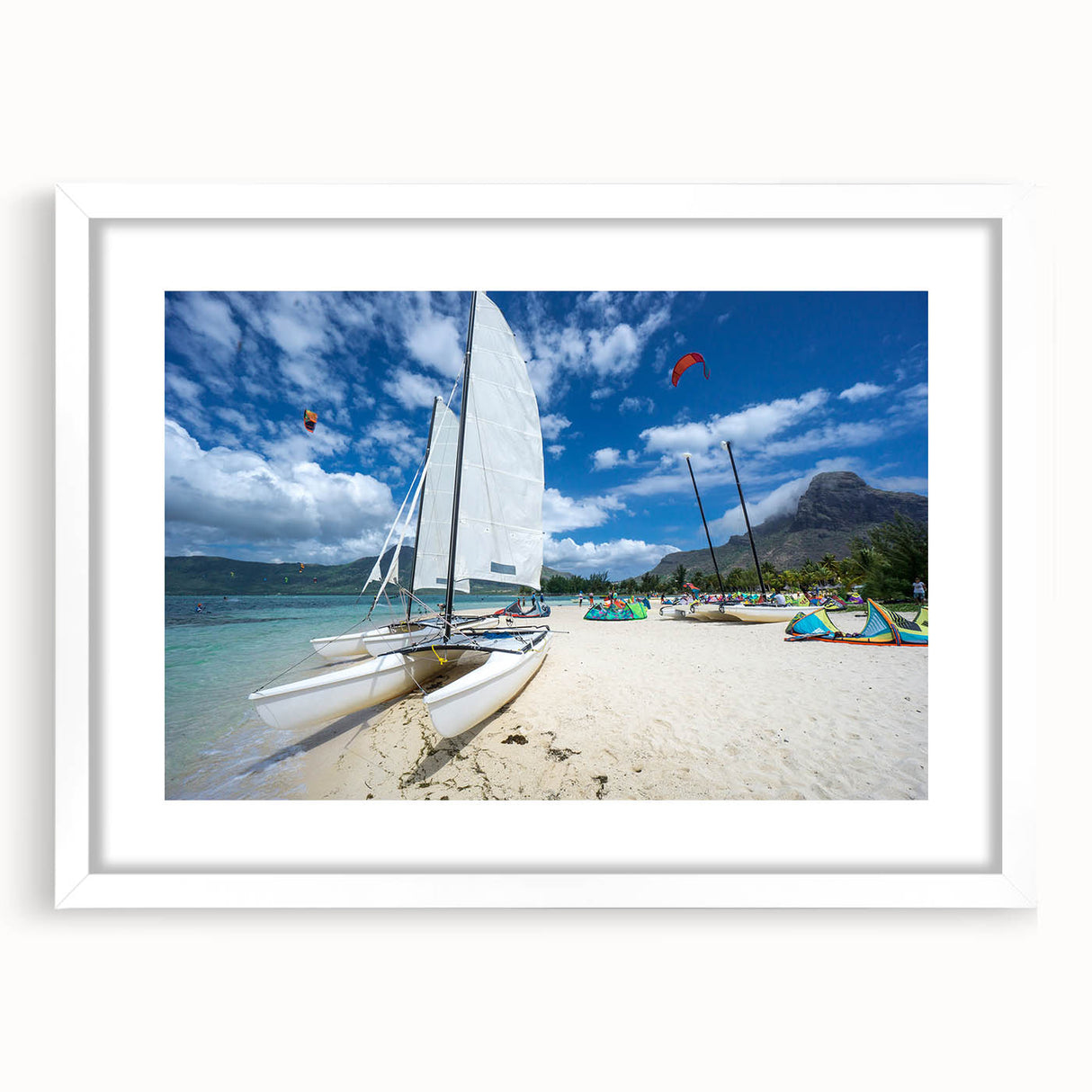 Textured abstract art print of Caribbean scenery in muted blue and green tones on a framed white mat.