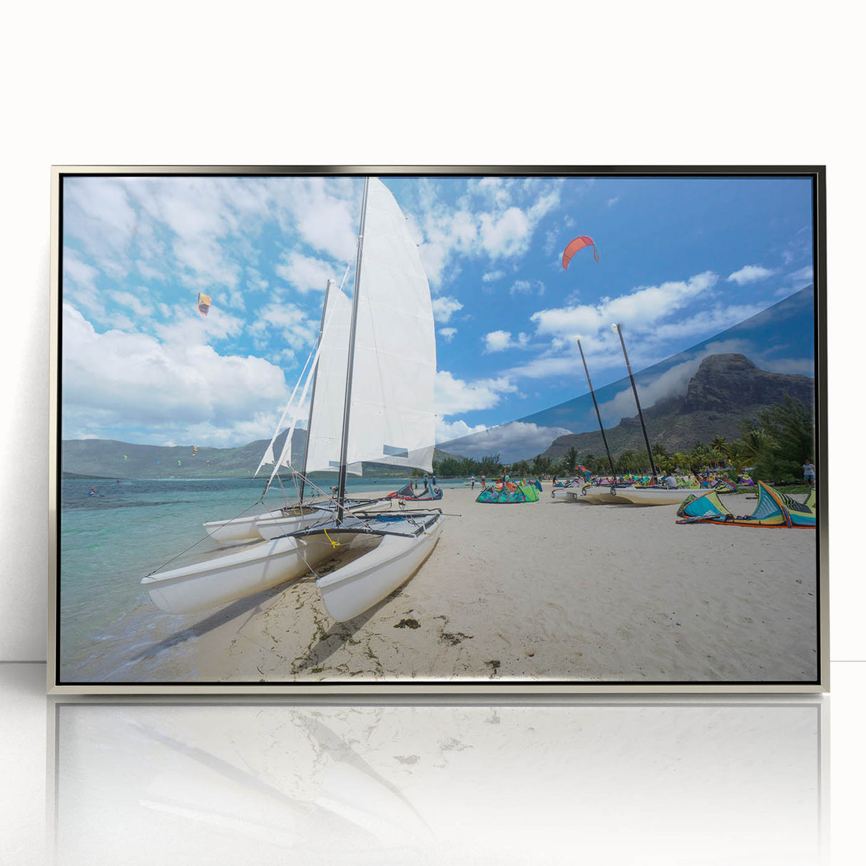 Mid-century modernist Caribbean Antigua scenery on silver-framed acrylic, featuring serene blue and green tones.