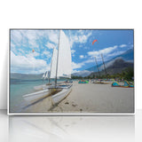 Mid-century modernist art depicting a serene Caribbean beach scene in pastel shades, presented on a framed acrylic panel.