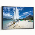 Black and white framed canvas of Antigua landscape, ideal for bedroom wall décor.