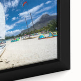 Extra large framed canvas depicting a Caribbean scenery in textured black with colorful accents, ideal for living room decor.