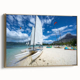 Vintage poster art of Caribbean scenery on framed canvas, featuring vibrant blues and greens, ideal for living room decor.