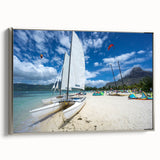 Silver-framed canvas depicting a vintage-style Caribbean landscape in muted tones, ideal for bedroom wall art.