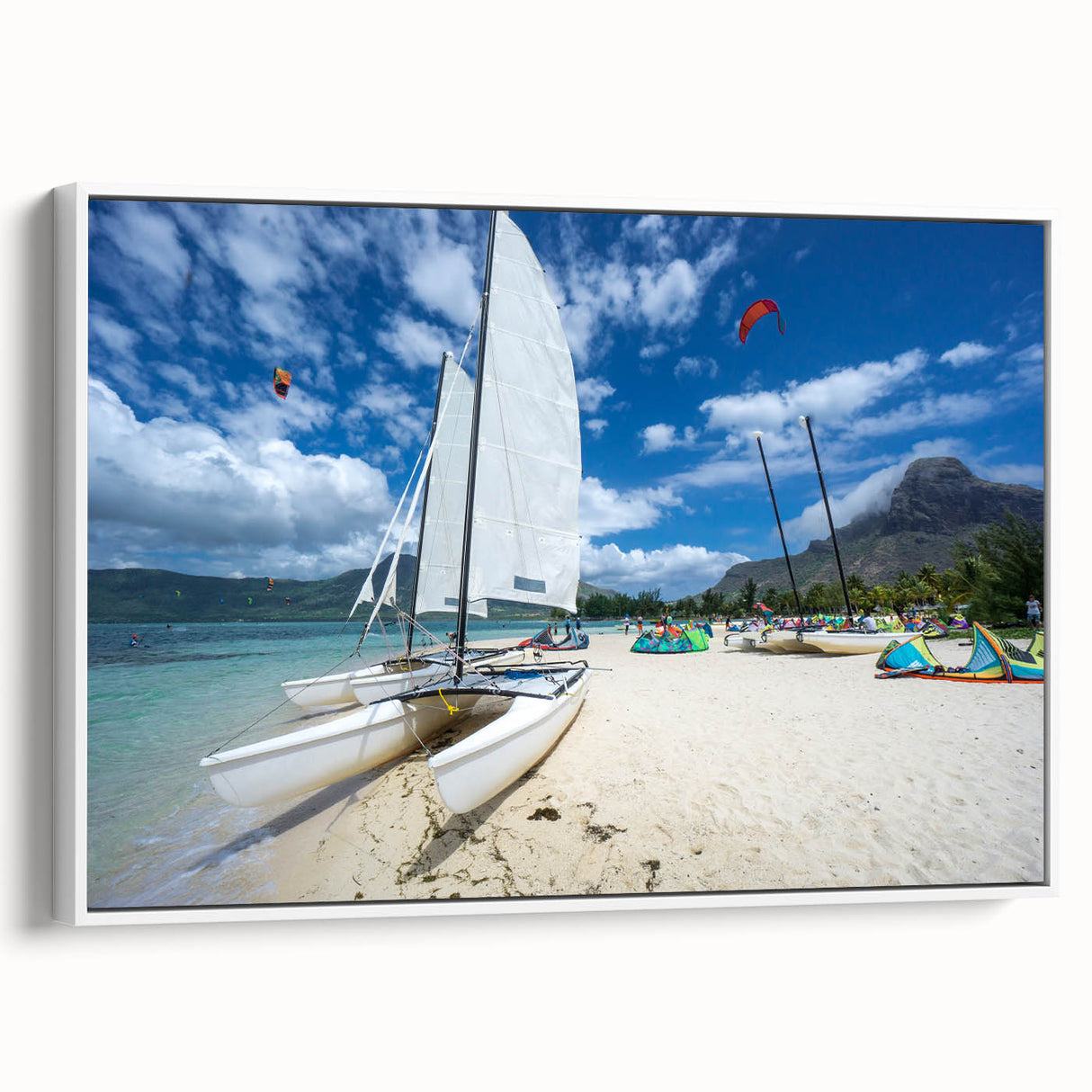 Landscape art painting of a Caribbean beach scene on framed canvas, with vibrant blue and white tones.