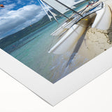 Art deco poster of a Caribbean Antigua scenery in muted tropical hues on rolled canvas, suitable for dining room wall art.