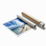 Extra large rolled print of a serene Antiguan scenery with lush florals and calm ocean, ideal for classy bathroom wall art.