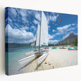 Caribbean beach scene on stretched canvas featuring vibrant blue waters and sandy shores, suitable for kitchen wall art.