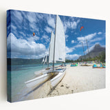 Caribbean beach scene on stretched canvas featuring vibrant blue waters and sandy shores, suitable for kitchen wall art.