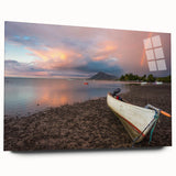 Large abstract wall art on acrylic glass depicting a serene Caribbean seascape, suitable for bedroom or dining room decor.