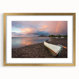 Abstract art print of a Caribbean scenery in gold frame with mat, in tones of blue and green, ideal for dining room decor.