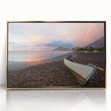 Framed acrylic print of a serene Caribbean beachscape in pastel blue and sandy tones, ideal for modern art wall decor.