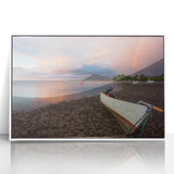 Mid-century modernist art depicting Caribbean Aruba scenery in cool blues and greens, framed acrylic.