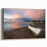 Framed canvas featuring a vintage-style Caribbean landscape in muted gold and black tones, ideal for bedroom wall decor.