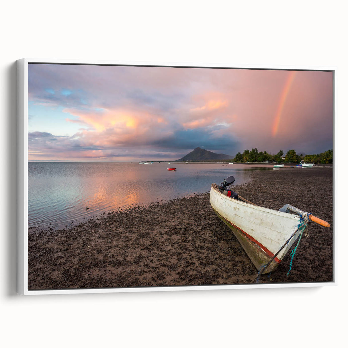 Framed canvas vintage poster art of a Caribbean scenery in vibrant colors, ideal for living room decor.