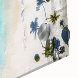 Large abstract wall art depicting Caribbean scenery in vibrant blues and greens on acrylic glass.