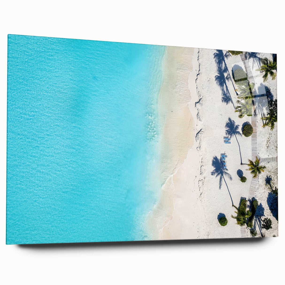 Large abstract wall art depicting the Caribbean Bahamas in vibrant blue and green tones on acrylic glass.