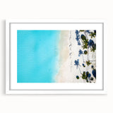 Textured art depicting abstract Caribbean scenery in muted blue and green tones on a framed white mat.