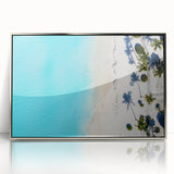 Framed acrylic print of a serene Caribbean beach scene in muted blue and sandy tones, ideal for modern art wall decor.