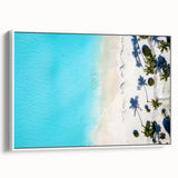 Framed canvas of a vintage poster art depicting colorful Caribbean scenery, ideal for living room decor.