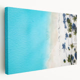Large canvas depicting a serene Caribbean beach scene in soft blue and sandy tones, ideal for kitchen wall art.