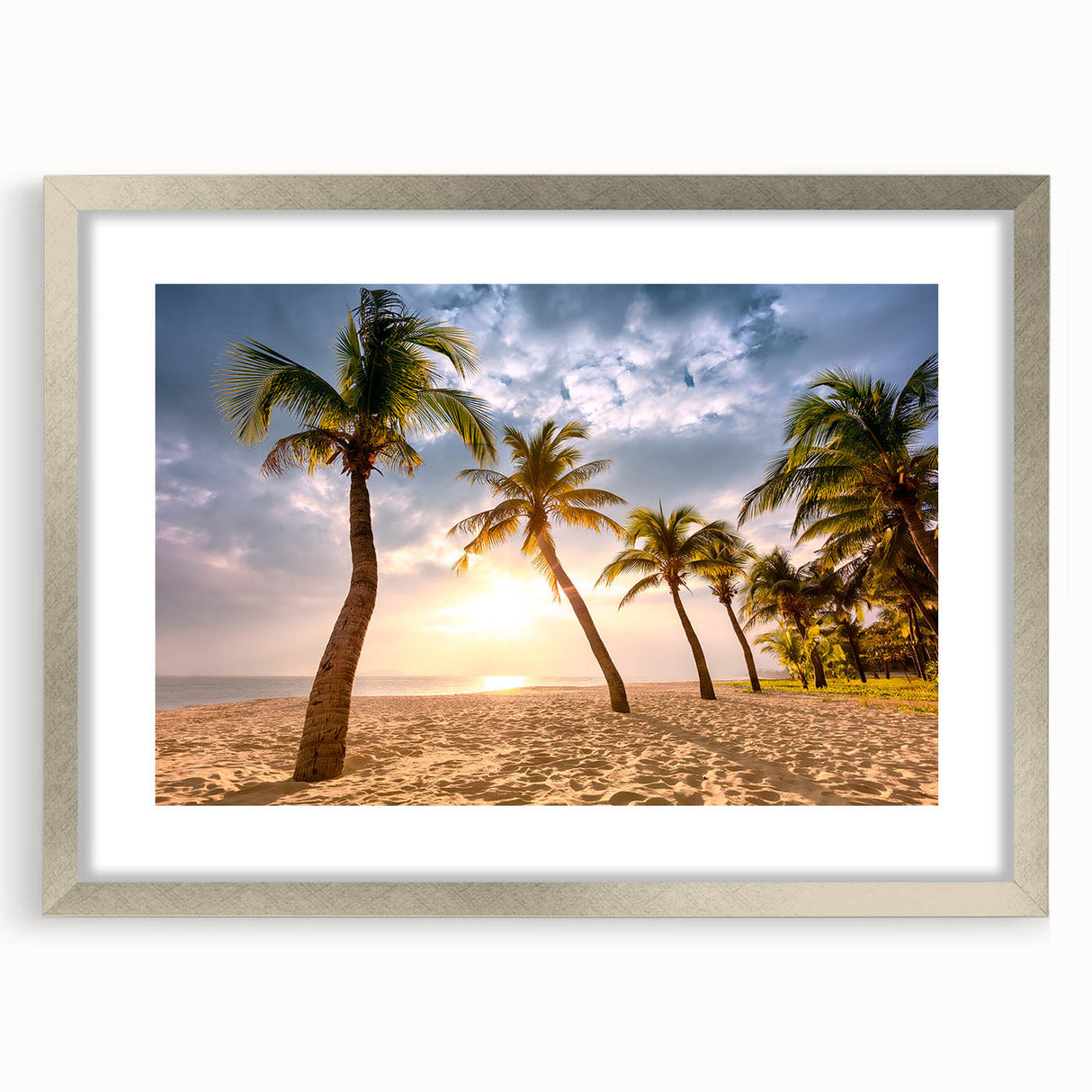 Extra large abstract art print of Caribbean scenery in muted blue and green tones on a framed canvas.